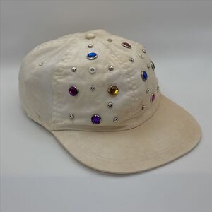 Vintage 90s Women's Baseball Cap Tan Colorful Jeweled Rhinestone Stretch Band